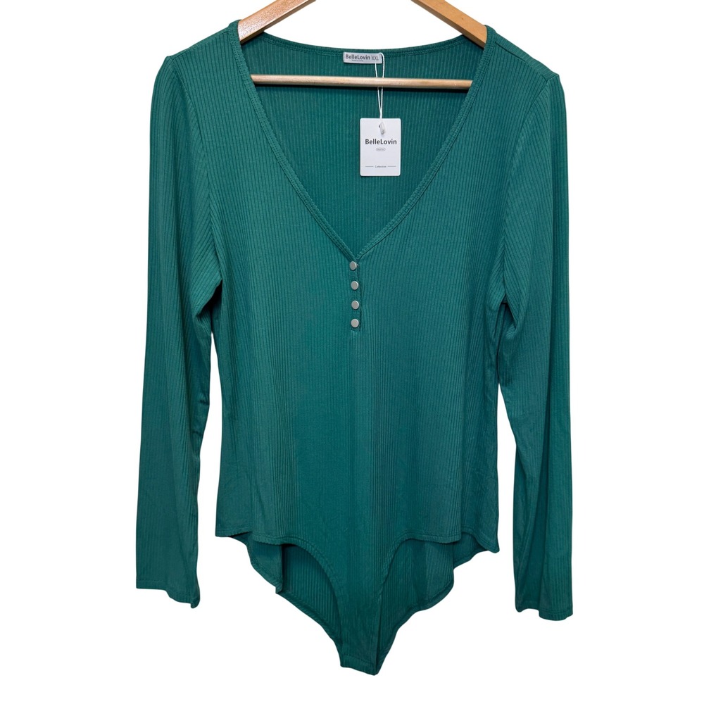 BelleLovin Womens Bodysuit XXL Teal Green Ribbed Henley V-Neck Long Sleeve Chic